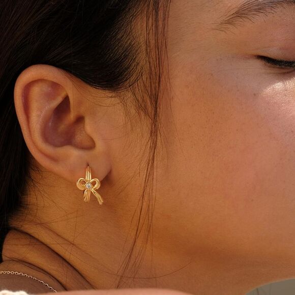 14K Gold Plated CZ Bow Huggie Hoop Earrings Dainty Tiny Hoops Gift for Women - Picture 3 of 6